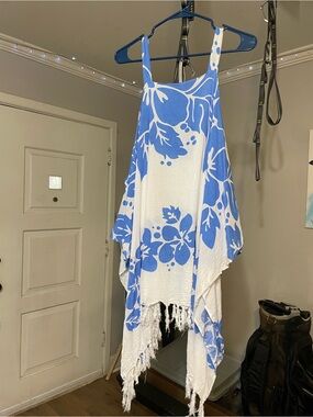 Blue and White Floral Fringe Beach Cover-Up